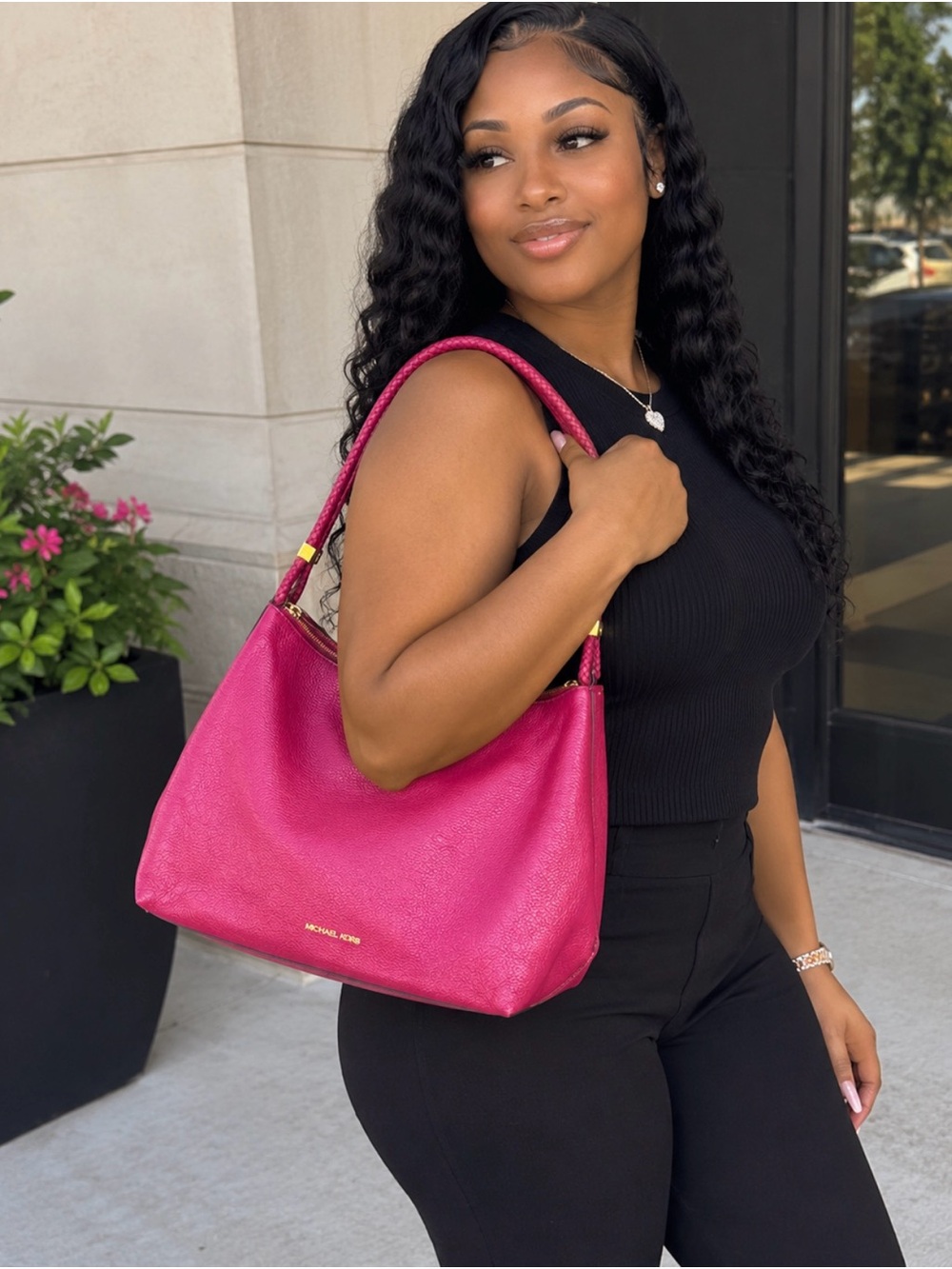 Michael Kors Hot Pink Leather Shoulder Hobo